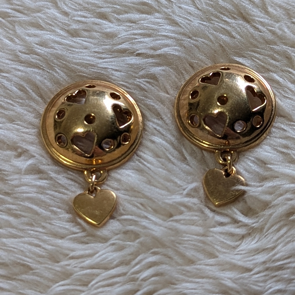 Vintage Goldtone Button with Heart Drop Accent Pierced Earrings - Picture 3 of 6